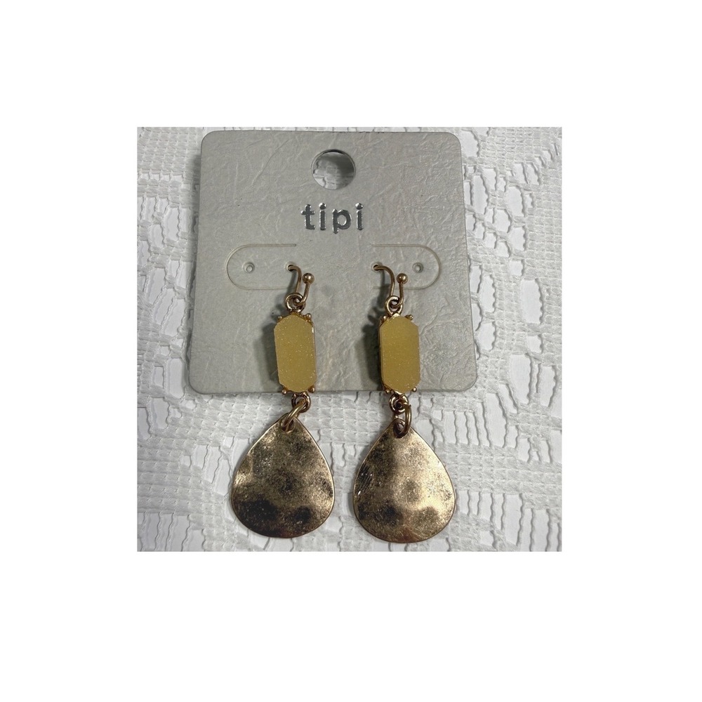 Tipi Earrings Gold Tone Teardrop Druzy Stone Dangle Drop Pierced